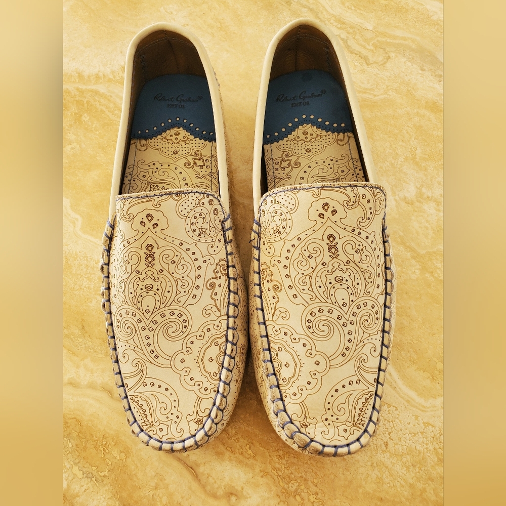 NWOT MEN'S ROBERT GRAHAM "VERRAZANO" CREAM LEATHER PAISLEY LOAFERS SIZE 10.5